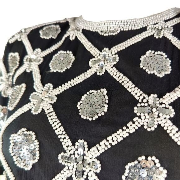 VTG Pearl Beaded Sequenced Lawrence Kazar Black Short Sleeve Formal SILK Top - Picture 5 of 10